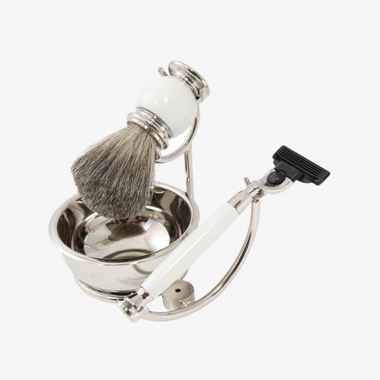 "Mach 3" Razor with Badger Brush and Soap Dish on Chrome Stand and White Enamel Finish.